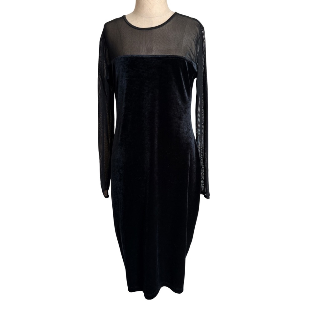 VTG Black Velvet Long Dress Sheer Mesh Sleeves Size Small Karen Kane Whimsygoth